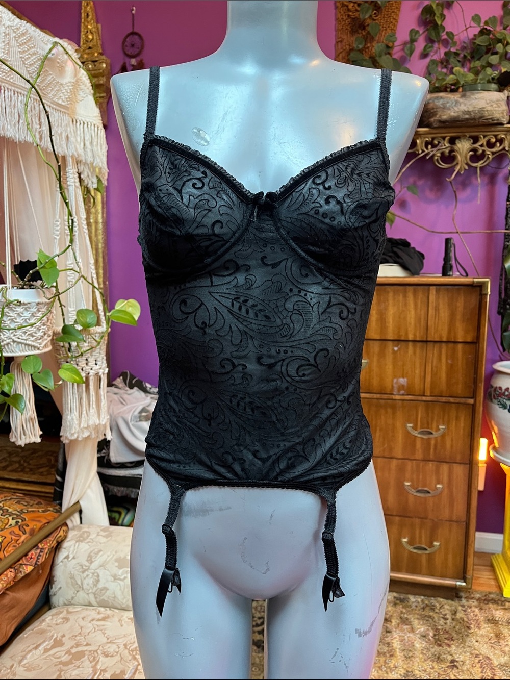 Vintage Victorias Secret sheer mesh velvet paisley garter strap corset bustier